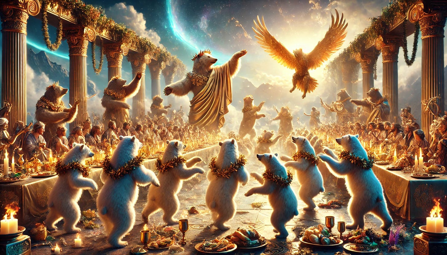 A grand celebration of bears rejoicing, inspired by the mythological marriage of Zeus and Hera. The scene features majestic bears adorned with laurel wreaths and flowing robes, engaging in dance and feasting. The setting is an opulent outdoor banquet on Mount Olympus, with golden goblets, divine foods, and ethereal lighting. The atmosphere is one of divine joy, with celestial elements like glowing clouds and a radiant sky enhancing the mythological feel.