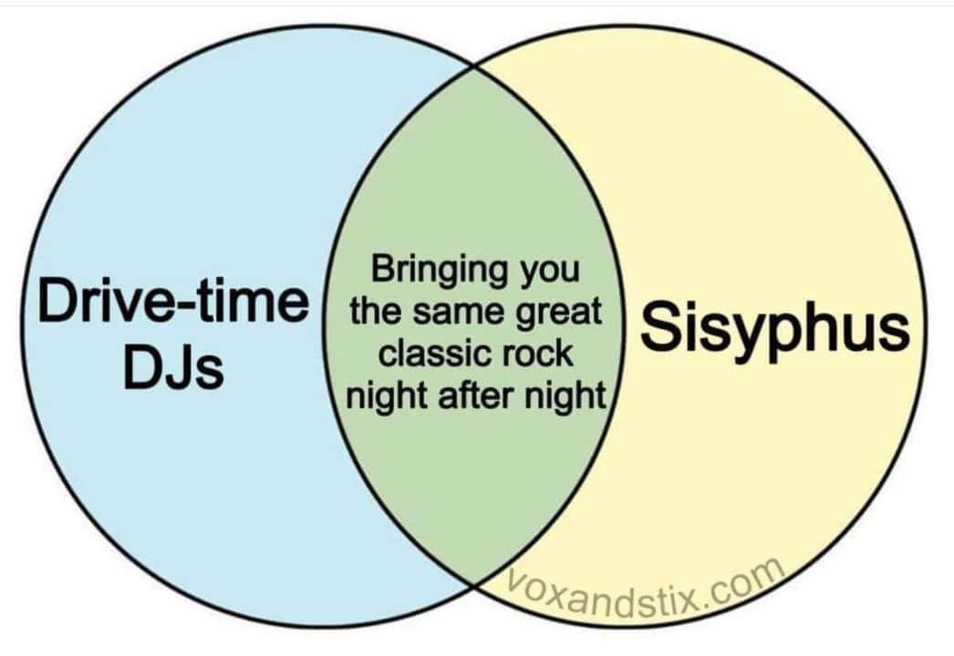 Venn diagram: drive-time DJs and Sisyphus bring you the same great classic rock night after night.