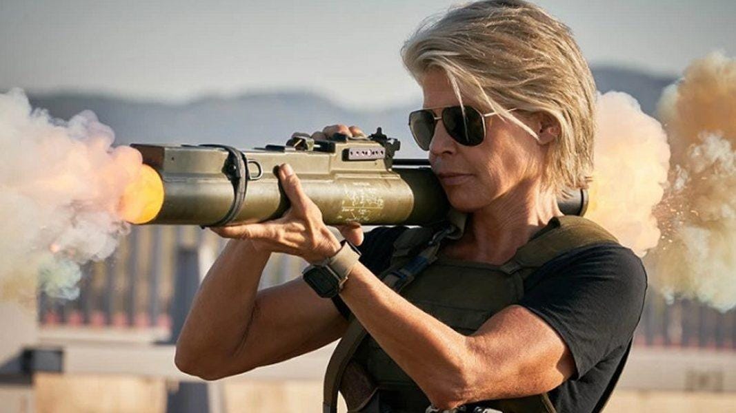 linda hamilton sarah connor blasting away terminator dark fate