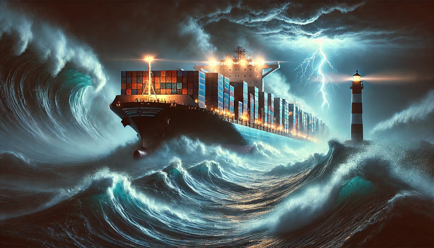 An awe-inspiring, ultra-realistic containership sailing through a dramatic stormy ocean at twilight. Towering waves crash against the massive vessel, which is fully loaded with vibrant containers, glowing under the ship’s powerful deck lights. The dark sky is illuminated by flashes of lightning, creating an intense and cinematic atmosphere. Mist and ocean spray fill the air, enhancing the sense of motion and power. The ship cuts through the turbulent waters, symbolizing resilience and strength. The background features a distant lighthouse standing tall amidst the storm, casting a beacon of light through the darkness.