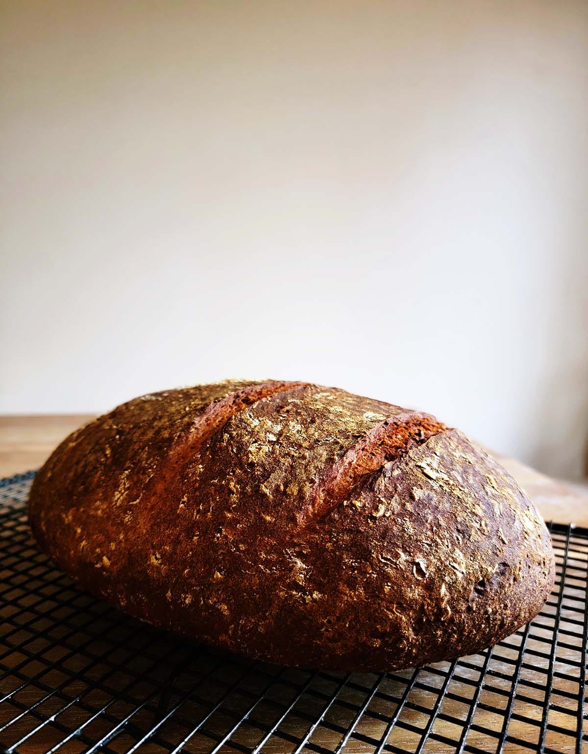 A loaf of North Dakota rye bread, cooling. 