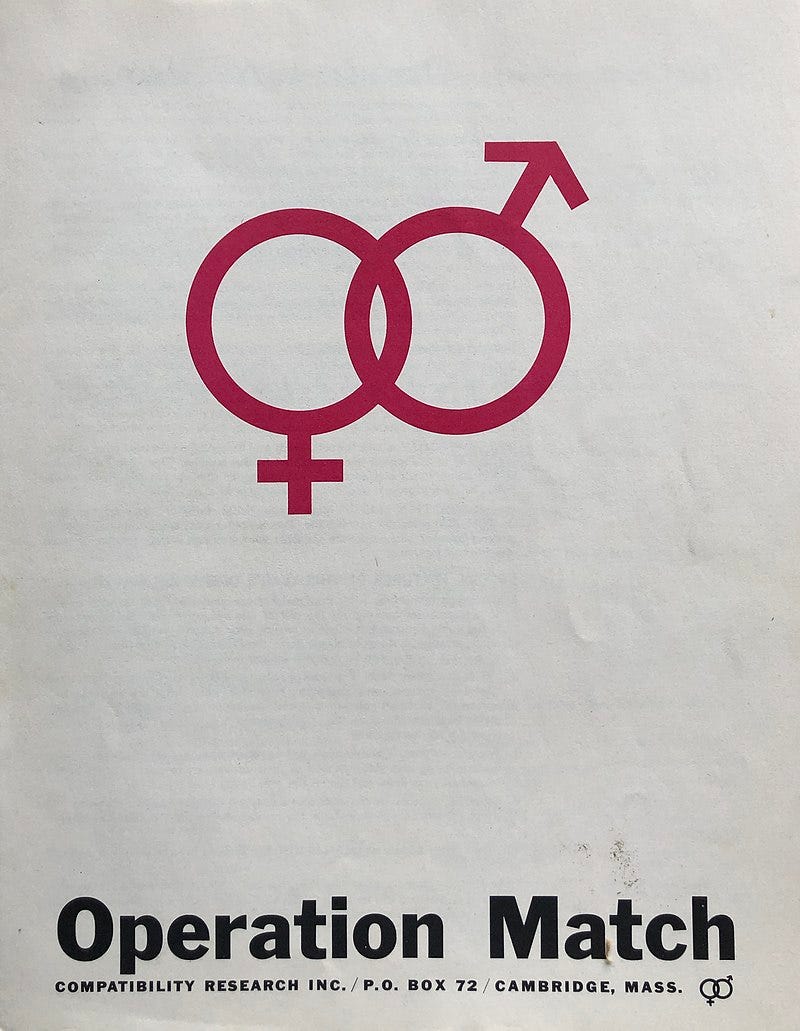 Operation Match from Compatibility Research, a dating service poster showing a dark red male and female symbol overlapping.