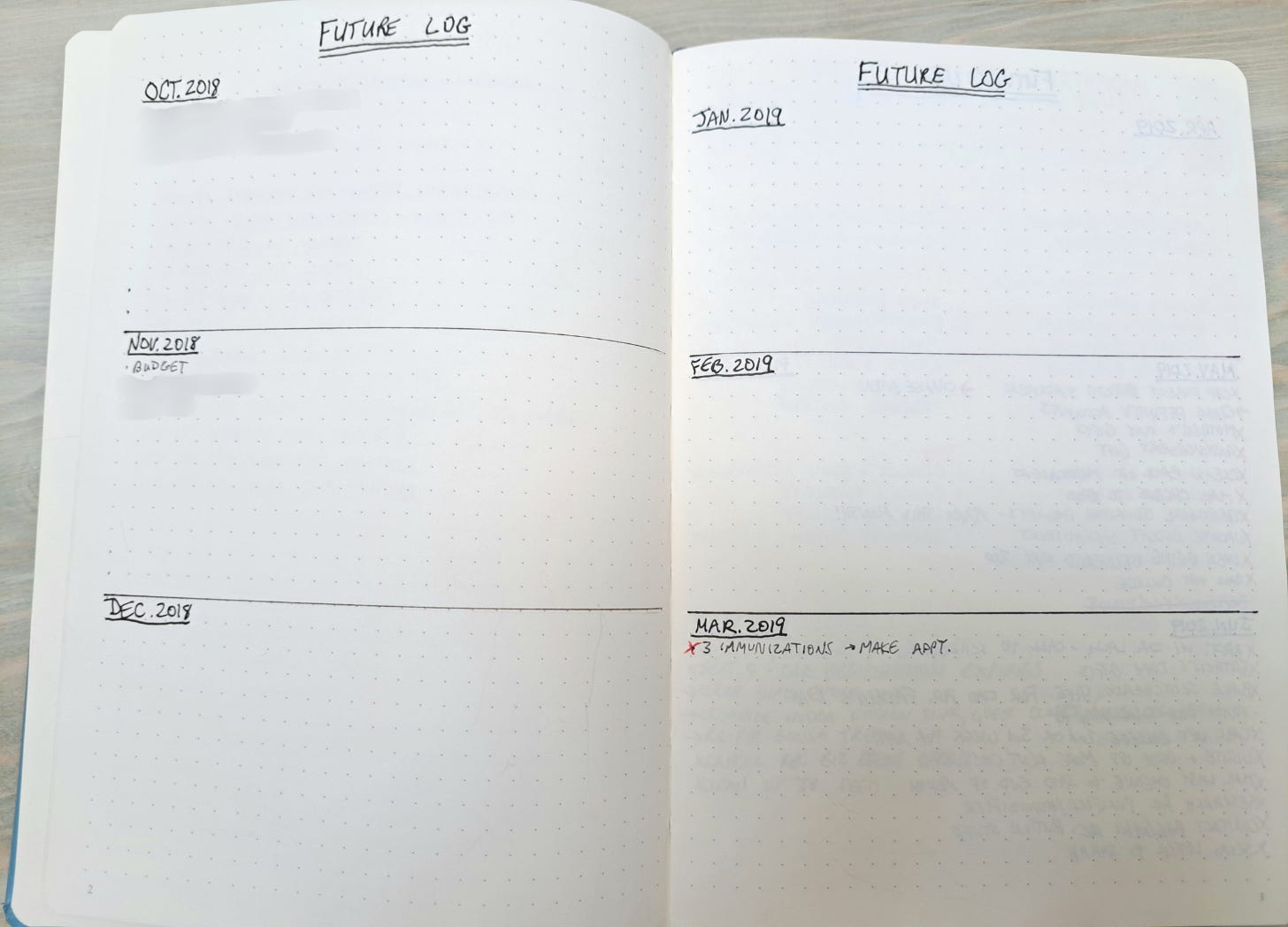 Image of a future log in my notebook. Each page is divided into 3 sections with the name of the month above each section.