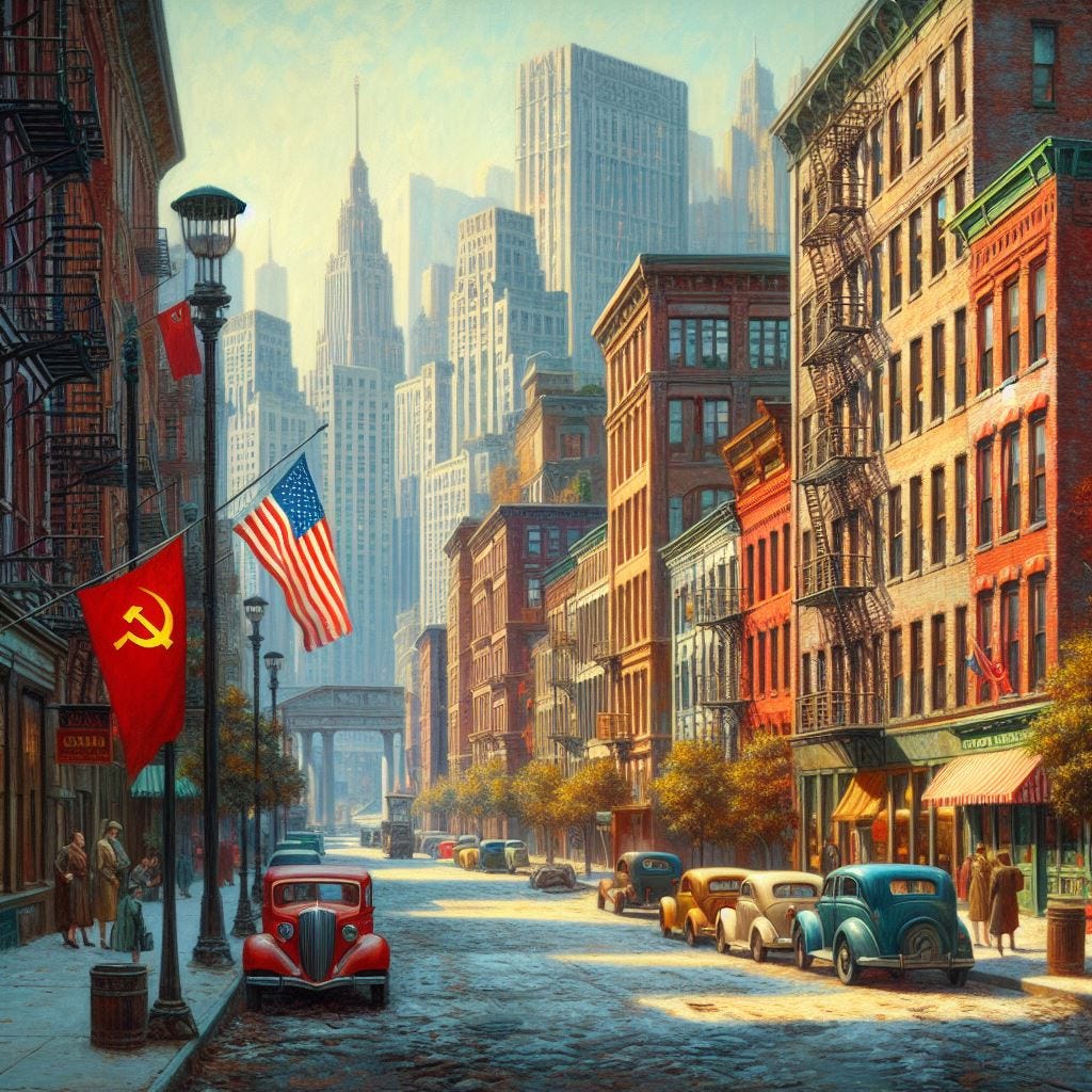 a quiet street in a communist america in the year 2040, portrayed through soviet realism art style