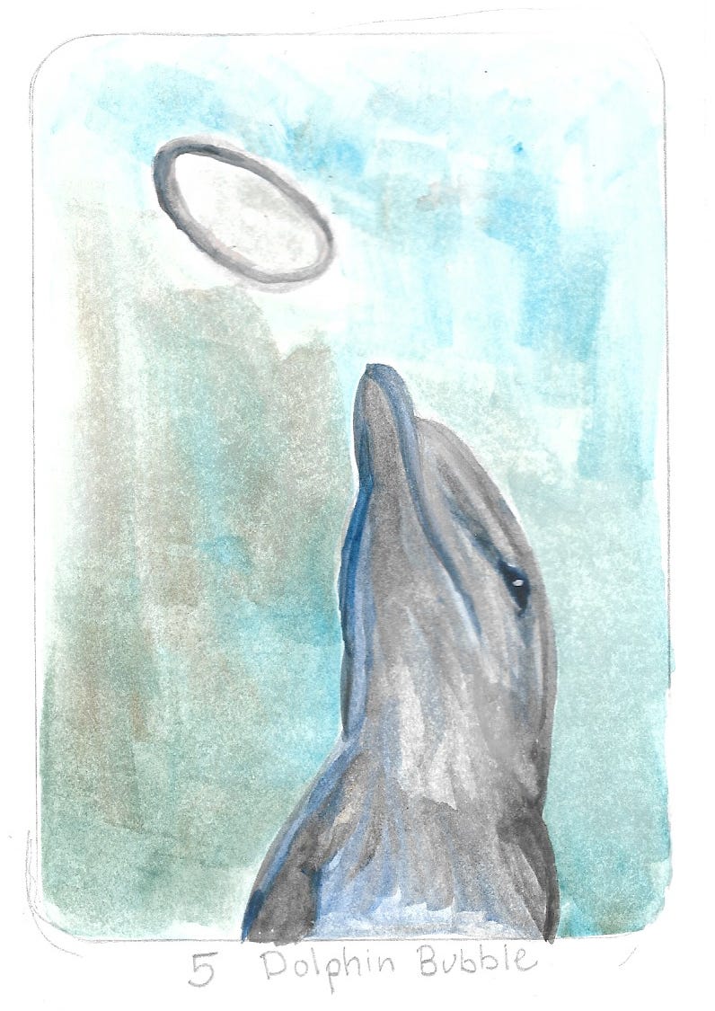 watercolor image of a dolphin playing with a bubble ring