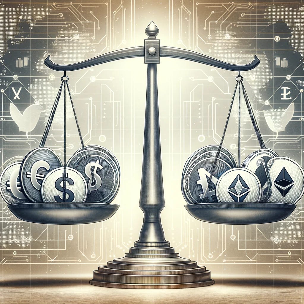 Create an image of a perfectly balanced scale. On one side of the scale, place symbols of traditional fiat currencies such as the dollar ($), euro (€), and yen (¥). On the other side of the scale, display symbols of popular stablecoins like USDT, USDC, and DAI. The background should depict a neutral, abstract digital pattern, symbolizing the digital finance ecosystem. This image represents the balance that stablecoins aim to achieve in the cryptocurrency market, mirroring the value stability of traditional fiat currencies within the digital and blockchain-based economy.