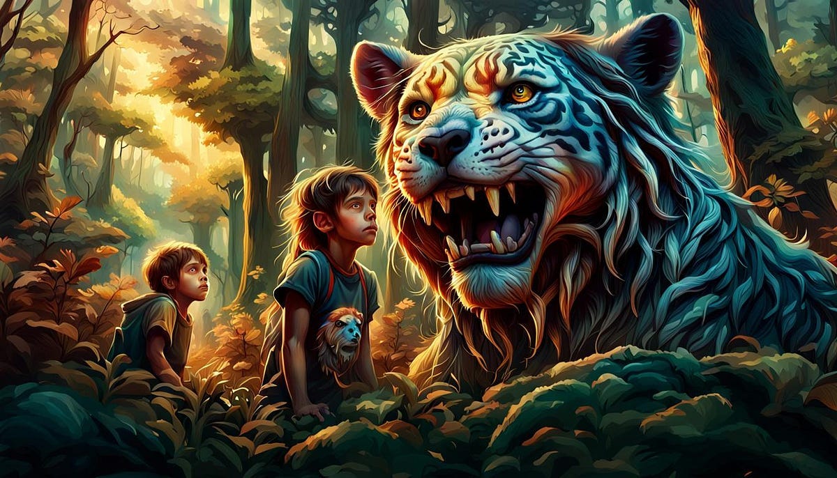 Fantasy, 2 feral children with beast, in wood