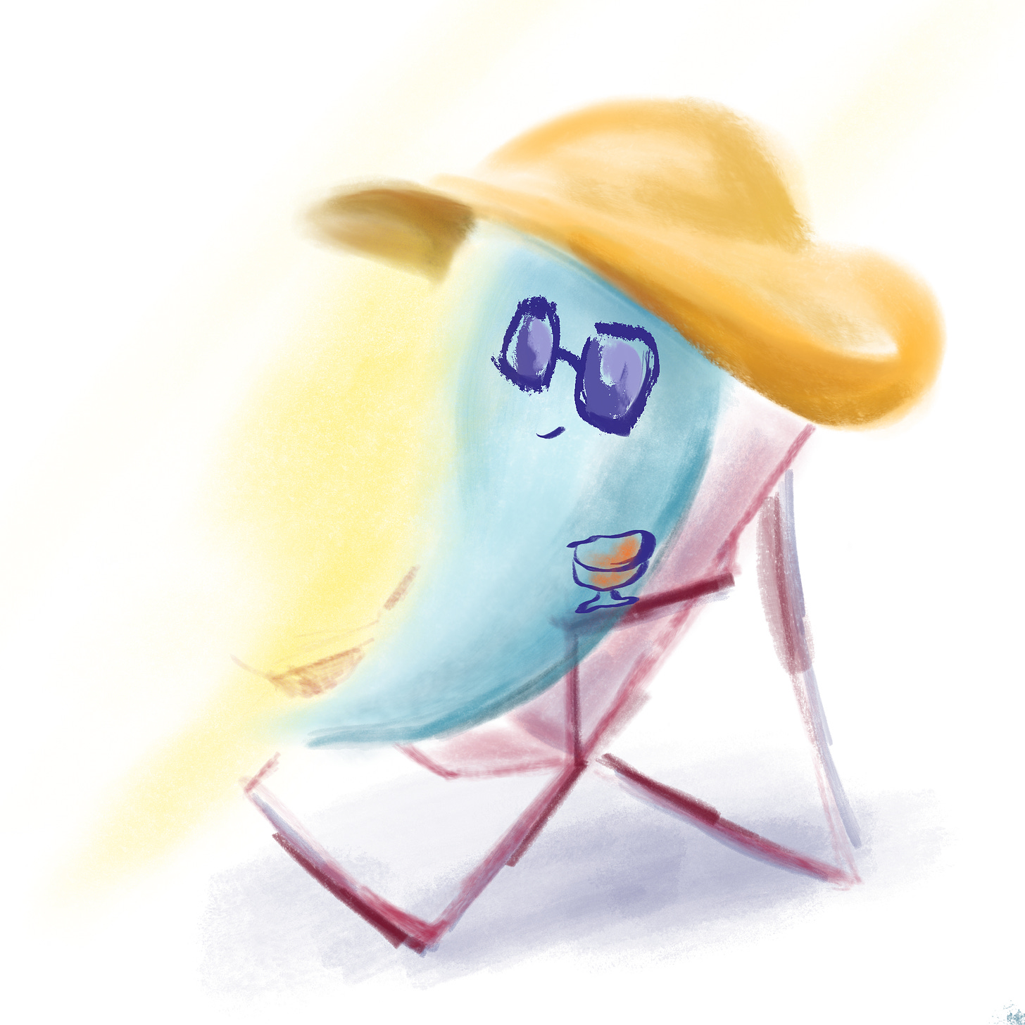 An illustration of a ghost tear lounging in a beach chair with a drink, big sunglasses, and a wide-brimmed hat. 