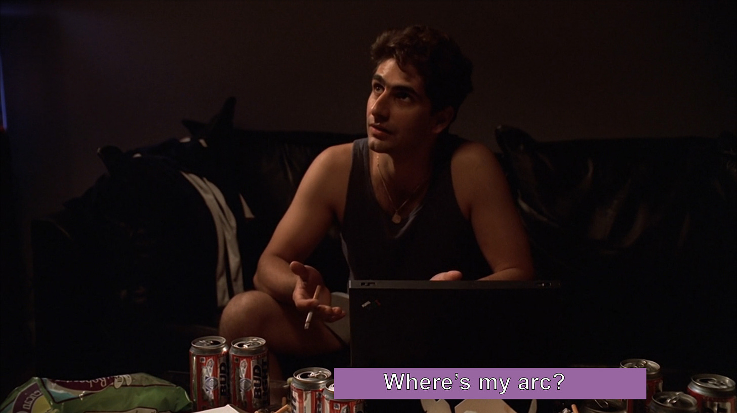Christopher from The Sopranos is sitting on a couch and asking "where's my arc?"