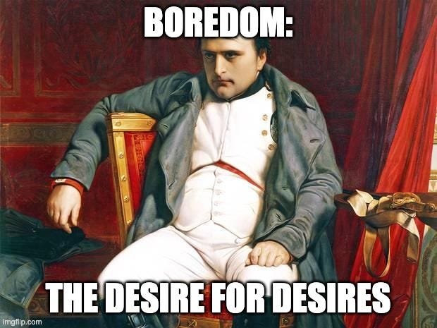 Bored Napoleon | BOREDOM:; THE DESIRE FOR DESIRES | image tagged in bored napoleon | made w/ Imgflip meme maker