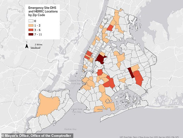 A map from the Mayor's Office showing the location and density of hotels and shelters which are officially known as Humanitarian Emergency Response and Relief Centers (HERRC)