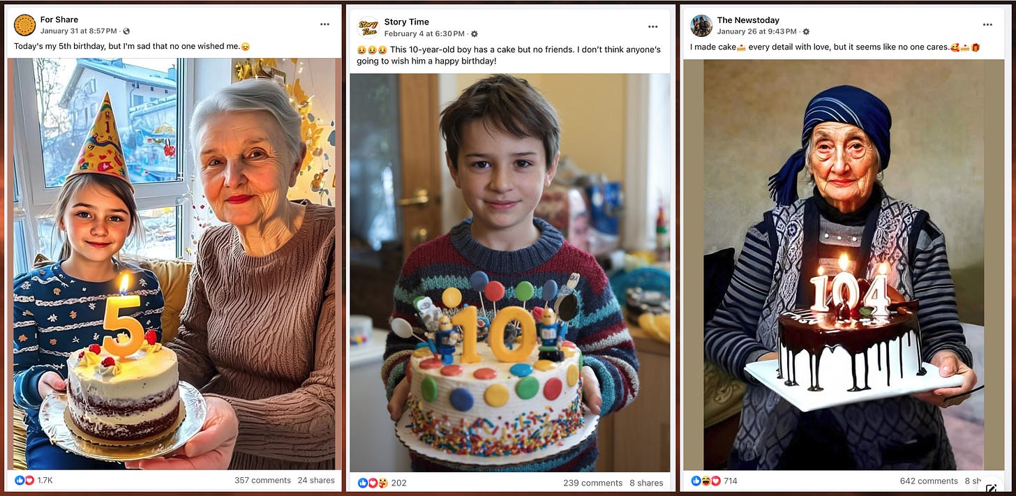 three Facebook posts featuring AI-generated images of people holding birthday cakes