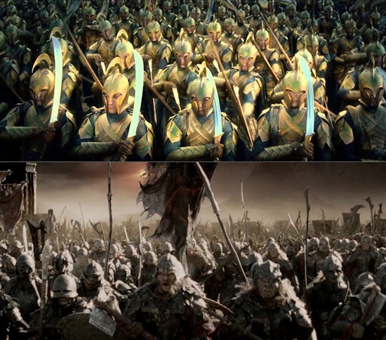 An image of an Elves vs Orcs battle from Lord of the Rings