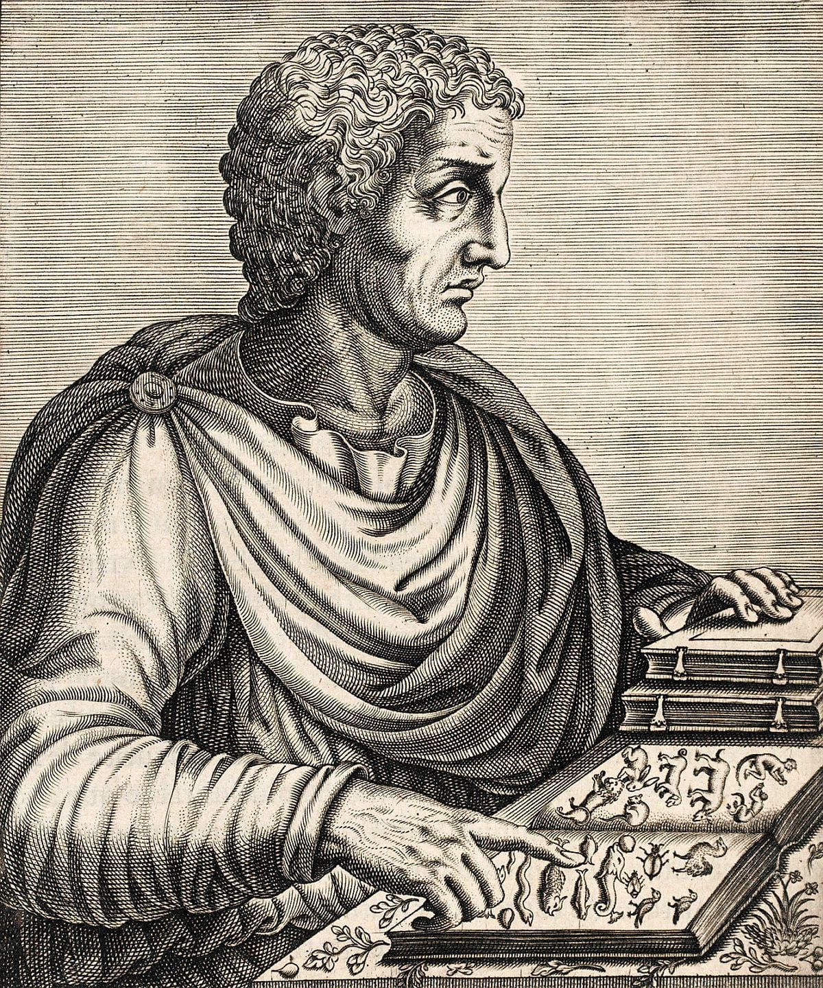 An engraving of an ancient Roman man with an open book of strange creatures before him.