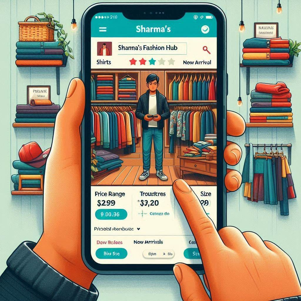 A customer visits "Sharma's Fashion Hub," a local garment shop in Delhi. Within the app, customers can sort and filter Sharma's entire inventory by:  Price range  Category (e.g., shirts, trousers, dresses)  Size availability  New arrivals  Discounted items