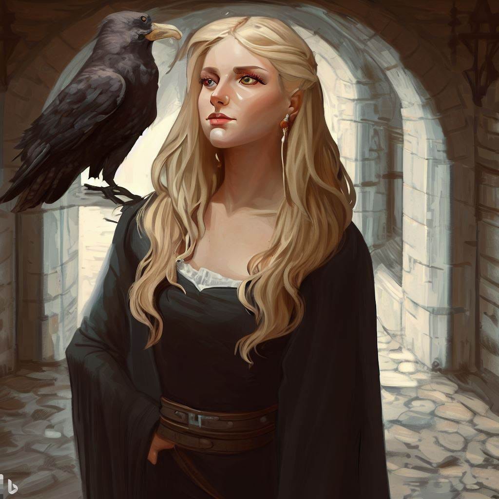 21 year old woman. witch. Long light blonde hair, medium height, dark blue eyes, thin but shapely. hawk on shoulder. medieval. courtyard. fantasy art.