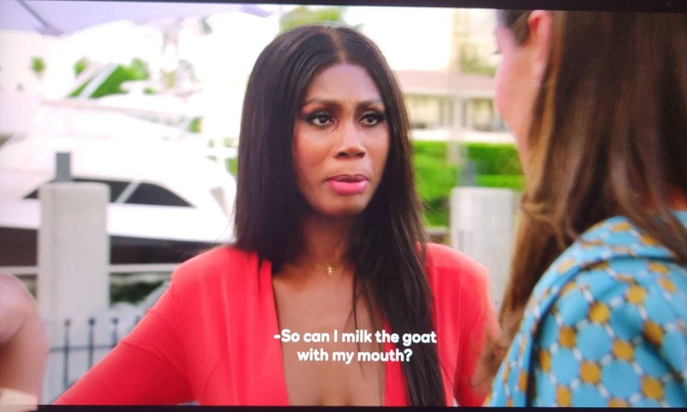 Kiki from RHOM asks 'So can I milk the goat with my mouth?'