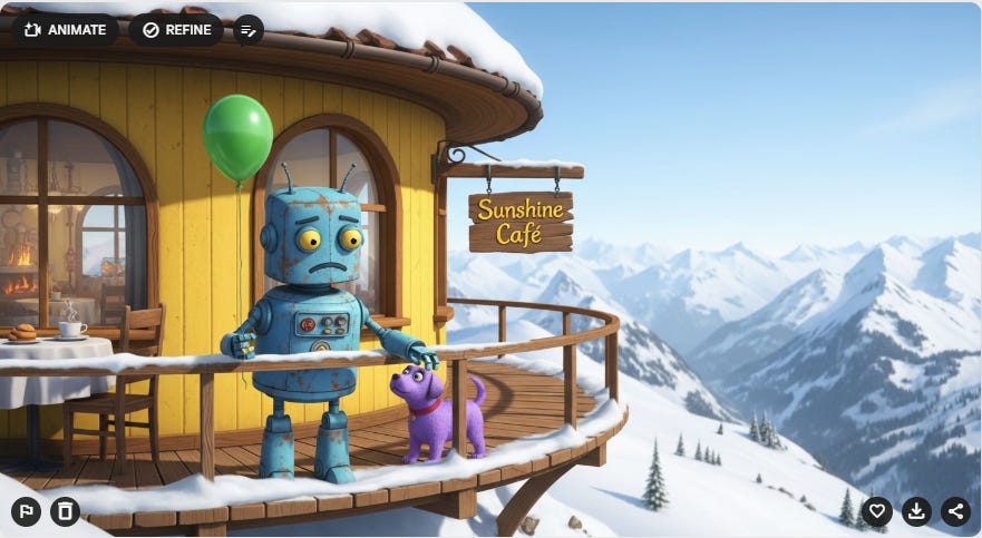 Google Whisk image of a robot with "Animate" and "Refine" buttons at the top