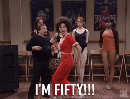 GIF of Molly Shannon from Saturday Night Live doing her "I'm 50!" pose as the character Sally O'Malley