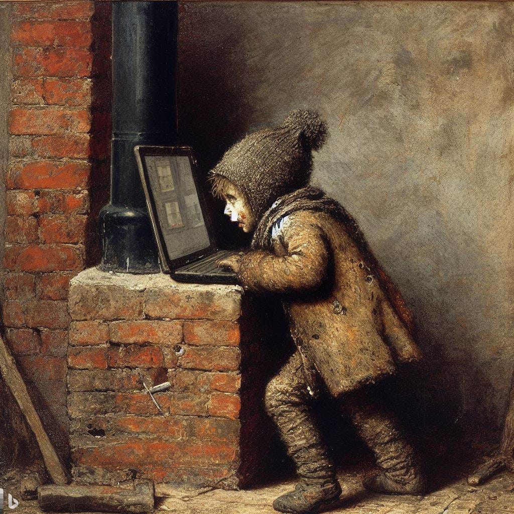 painting in the style of William Blake's Songs of Innocence showing a little grubby-faced street urchin trying to climb through a laptop screen so he can climb a chimney like a chimney sweep
