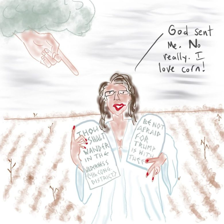 A cartoon portraying U.S. Rep. Lauren Boebert standing in a farm field