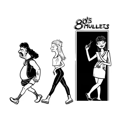 Ilustrace z knihy: Ze dveří kadeřnického salonu 80s Mullets vycházejí muž a žena s mulety.