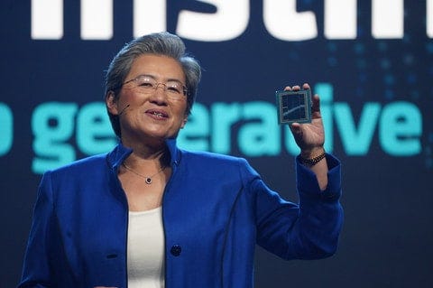 AMD CEO Lisa Su presenting the MI300X chip on stage in December.