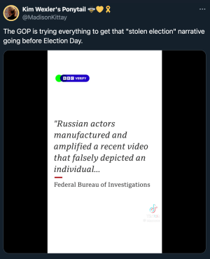 Screenshot of a tweet by @MadisonKittay debunking a viral video of an election worker tearing up Trump votes.