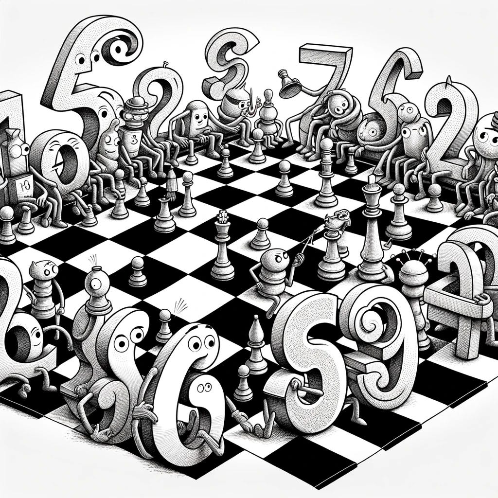 A line art drawing of various numbers, each characterized with a unique style and size, playing chess against each other on a chessboard. The scene should be animated and whimsical, with the numbers acting as the chess pieces, strategically moving across the board. Some numbers should appear in thoughtful poses, while others are in the midst of making their move, creating a playful and engaging scene. The entire composition should be in black and white, capturing the lively interaction between the numbers in this imaginative chess match.