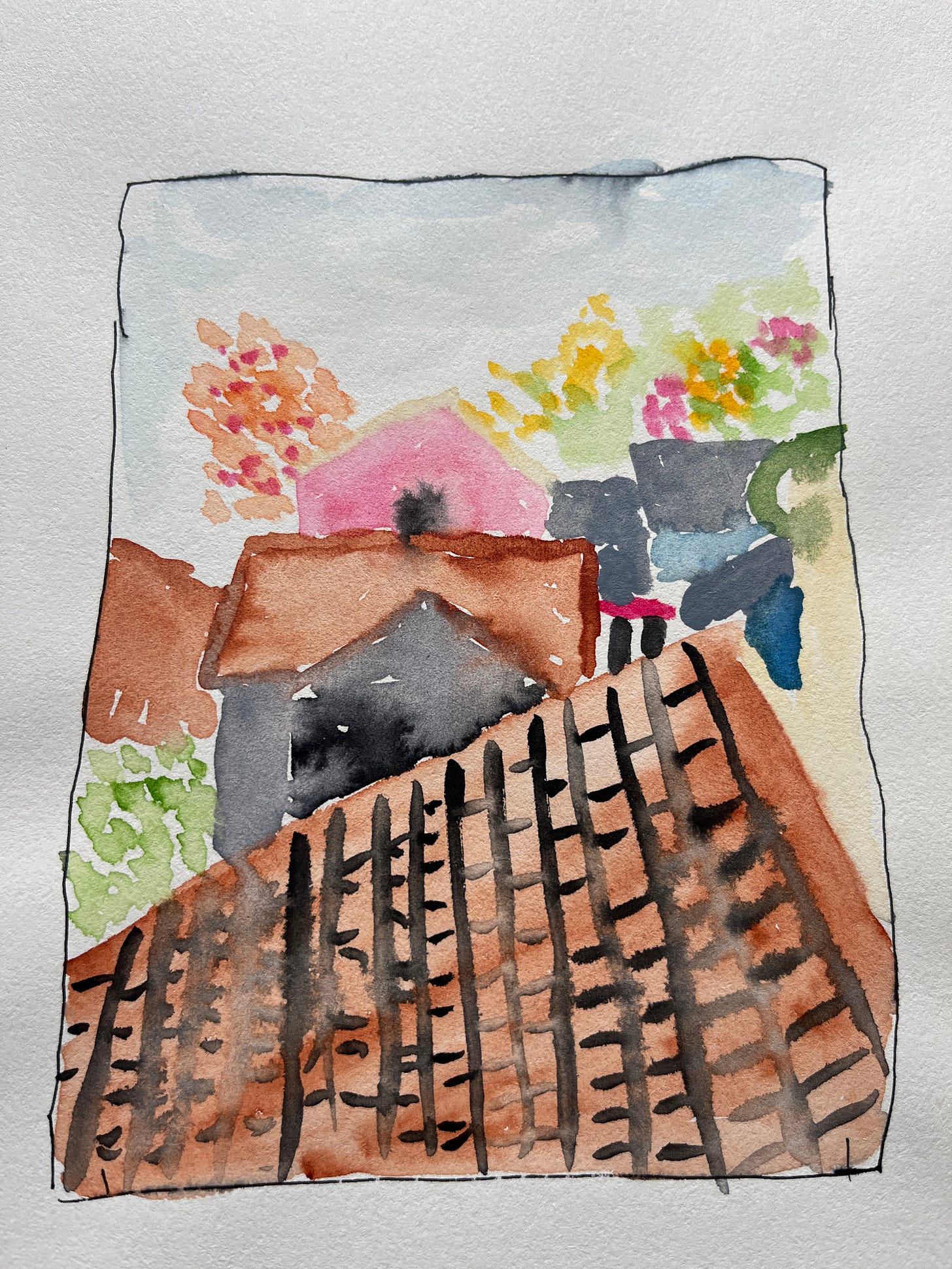 Watercolor of a geometric mish mash of building rooves and trees turning color out Robyn's window