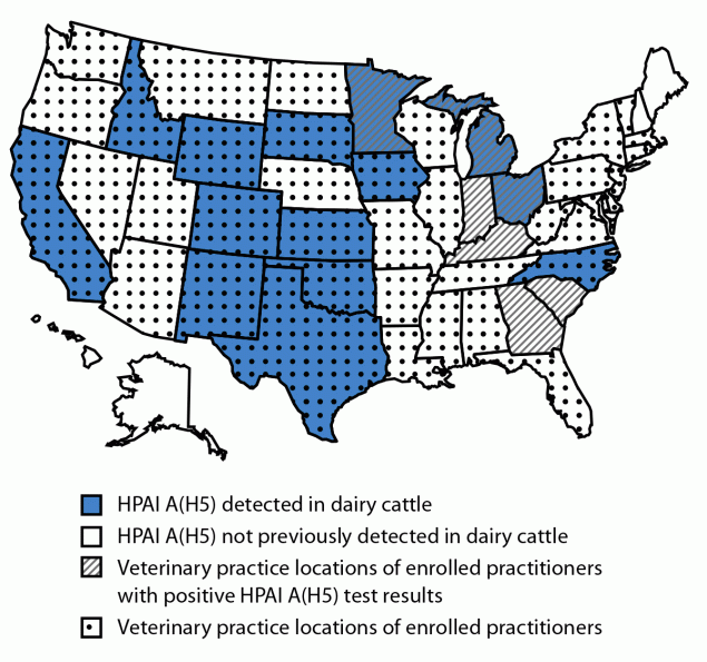 The figure is a map of the United States illustrating states with serosurvey-enrolled bovine veterinary practitioners and states reporting highly pathogenic avian influenza A(H5) infections in dairy cattle during September 2024.