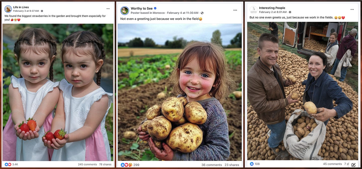 three Facebook posts featuring AI-generated images of people holding freshly picked produce