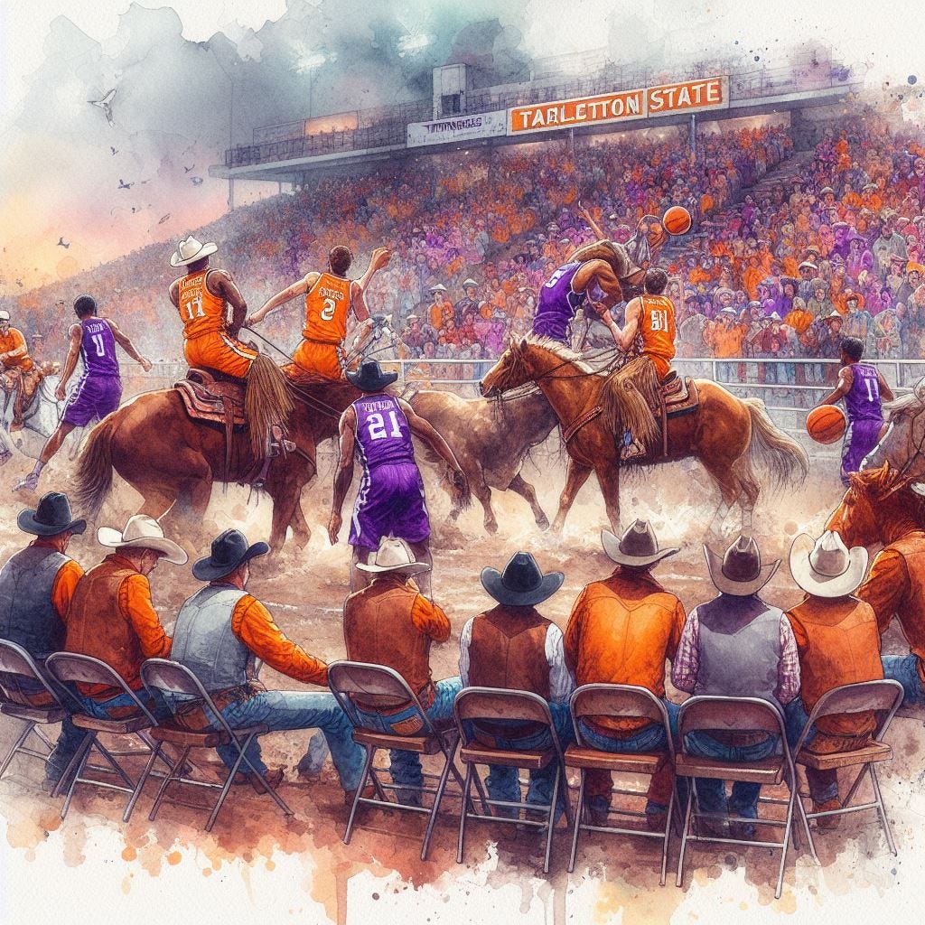 Tarleton State and Tennessee playing a basketball game in the middle of a rodeo, watercolor