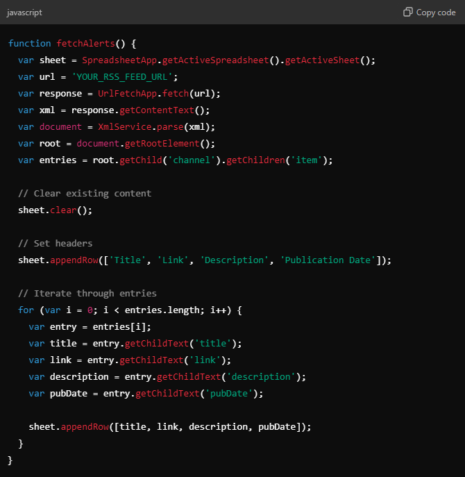 Code to create an automated RSS feed in Google Apps Script