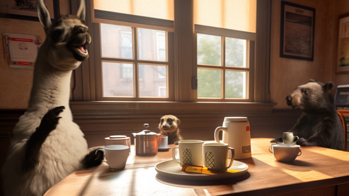 Llama, Meerkat, and Wombat have a dialogue sitting around a table in a kitchen drinking coffee