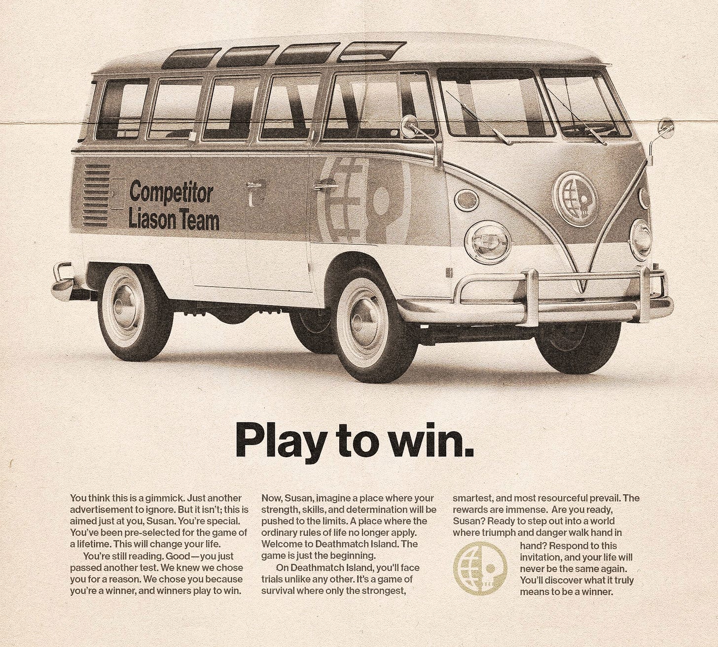 A classic vanagon with Deathmatch Island logo instead of a VW. Photo printed on an old magazine. "Play to win." is written over an article in a Deathmatch Island pamphlet.