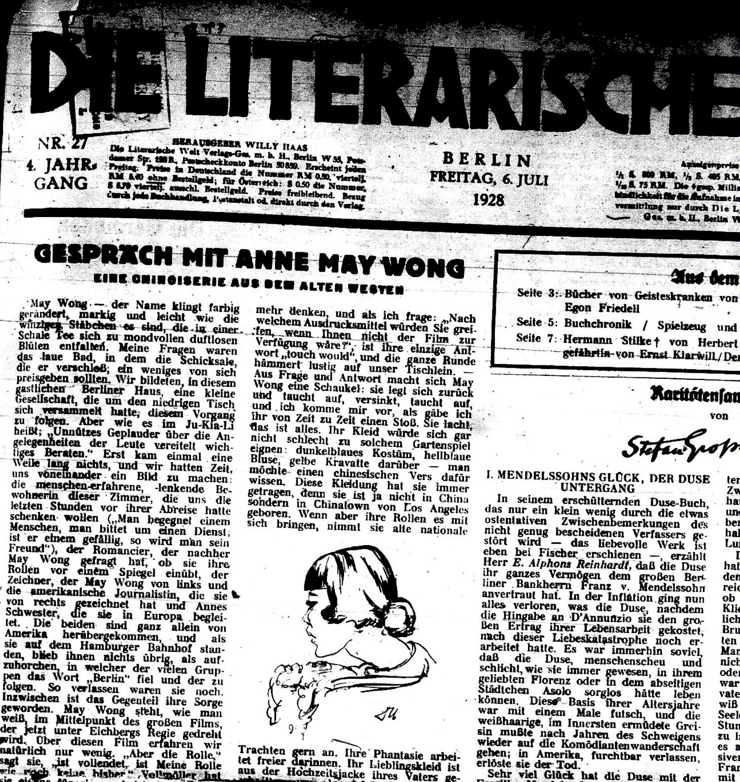 black and white newspaper text in German, includes a line drawing of Anna May Wong in profile