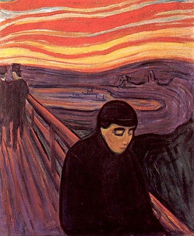 pintura de um homem cabisbaixo em primeiro plano,, Ele está em uma ponte, e tem um céu colorido por um por ou nascer do sol.