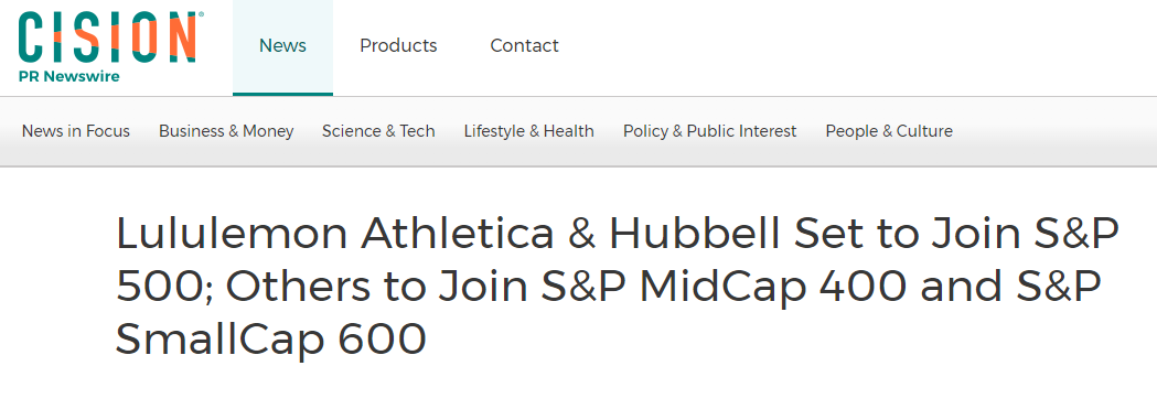 lululemon & hubbell s&p inclusion cision headline announcement