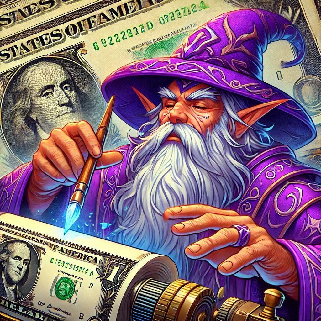 A wizard wearing purple with a white beard printing money banknotes, World of Warcraft illustration