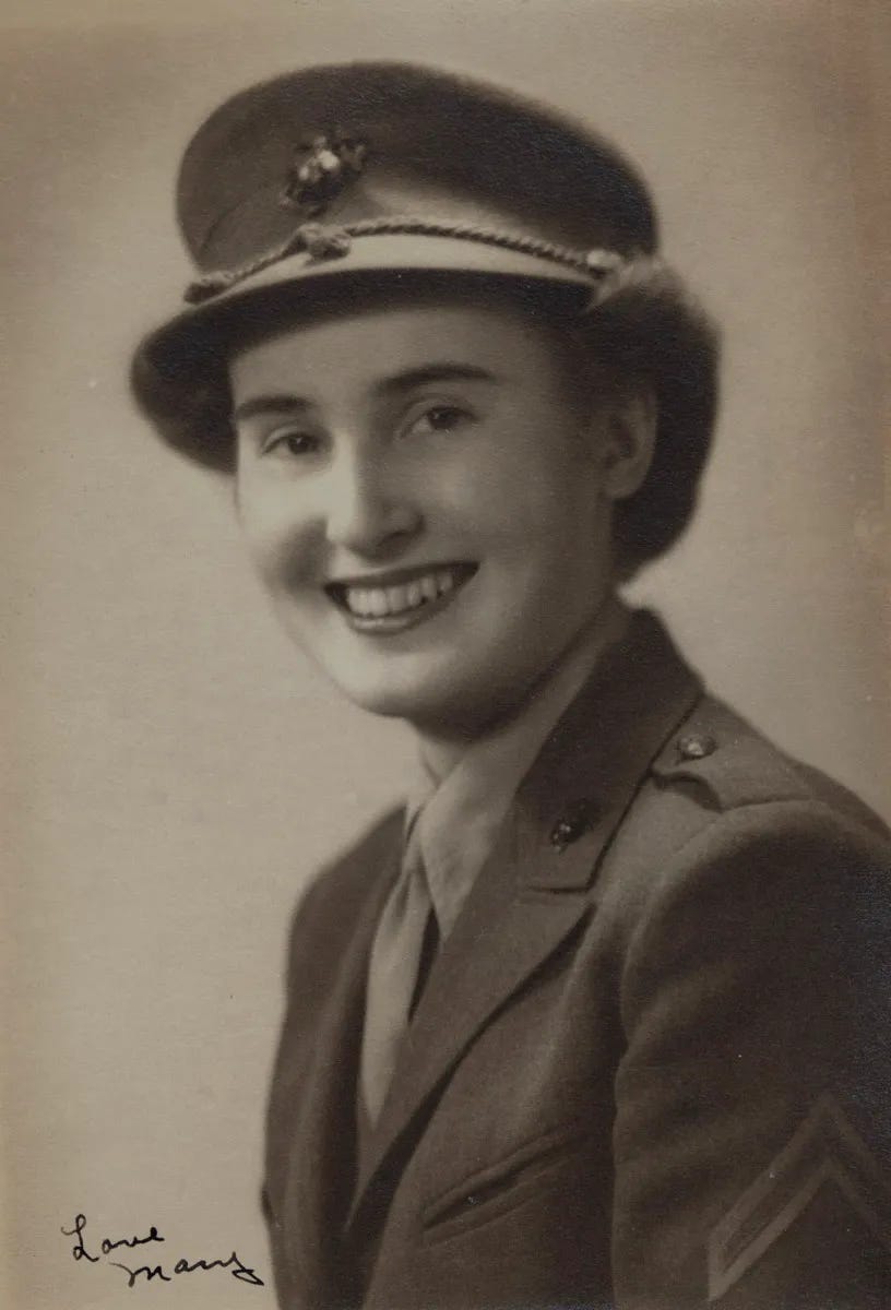 World War II member of the women's Marine Corps in dress uniform. Hire a veteran