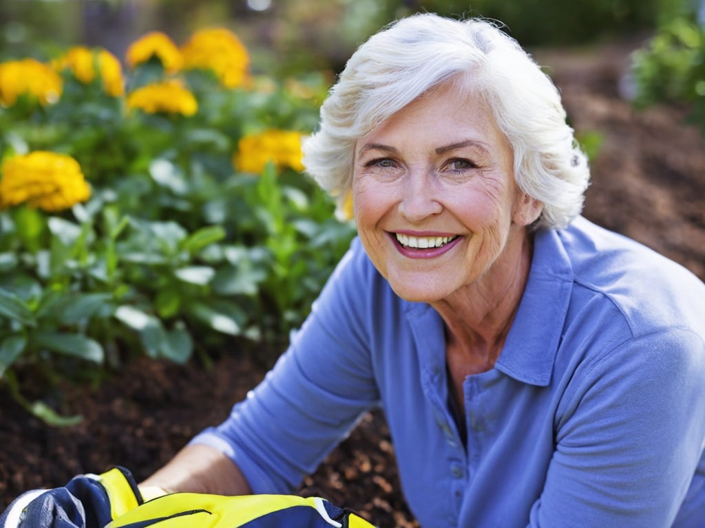 Smiling white woman with gray hair, blue blouse and red lipstick in green garden with yellow flowers in background.