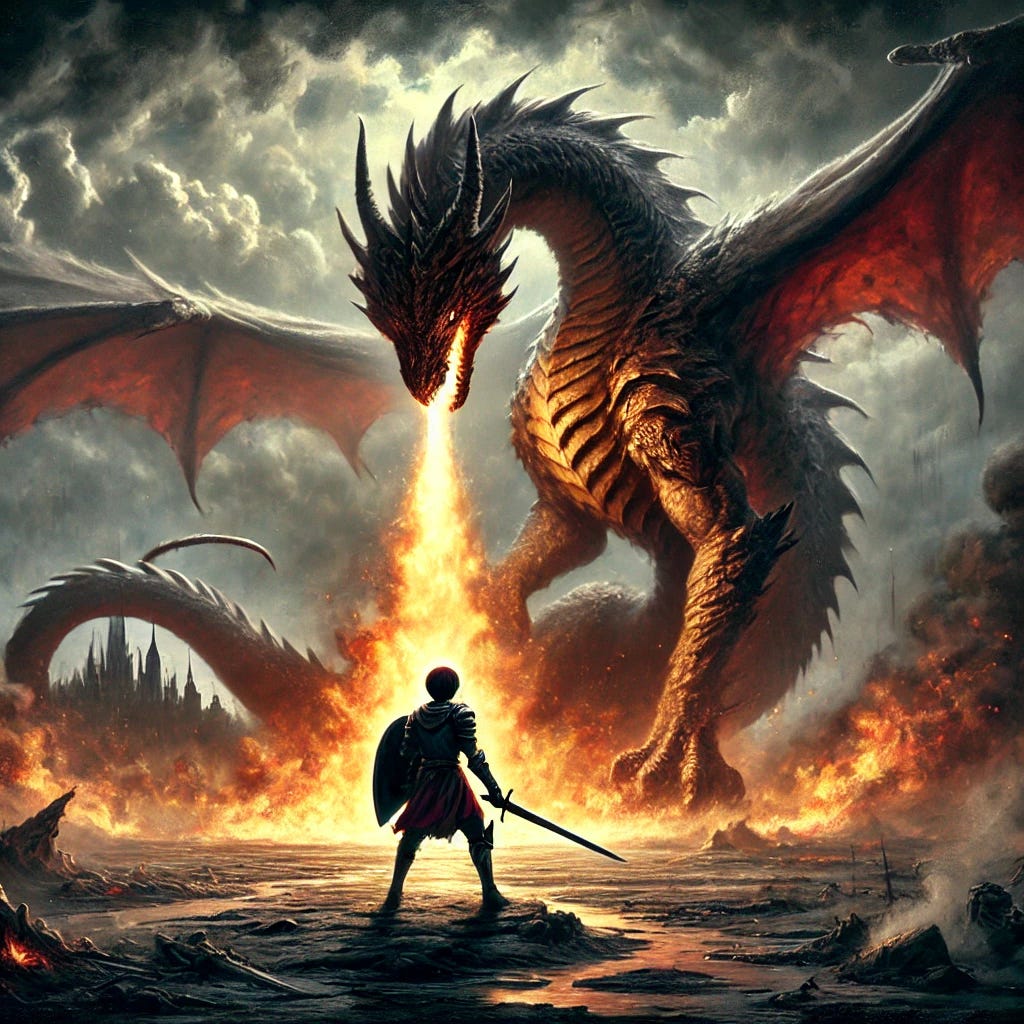 A dramatic painting of a fierce one-on-one battle between a young knight and a massive dragon. The knight, standing his ground with sword and shield, exudes unwavering confidence. The dragon, towering over him, breathes fire, its scales reflecting the raging flames. The battlefield is a mix of scorched earth and rising smoke, with the town’s silhouette in the background, representing what’s at stake. The sky is filled with dark storm clouds and streaks of lightning, adding to the intensity of the confrontation. The painting captures the raw power of the fight, symbolizing inner struggles and the courage to overcome them.