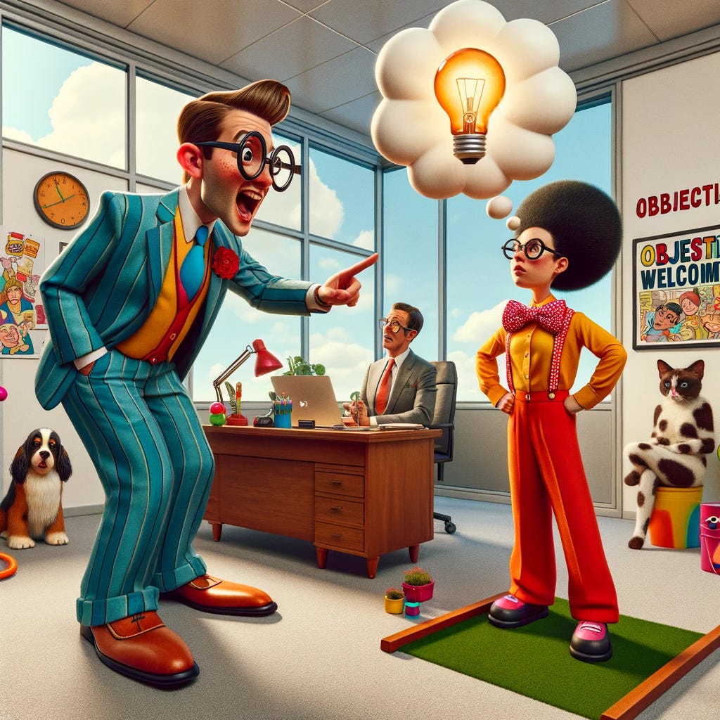 A whimsical scene in an office setting where a salesperson, dressed in an oversized suit with exaggeratedly large glasses, animatedly addresses an objection from a potential client. The client, wearing a brightly colored outfit and an oversized bow tie, looks surprised with a comic-style thought bubble showing a lightbulb over their head, symbolizing a sudden understanding. Around them, office pets, including a cat in a tiny desk chair and a dog wearing a tie, watch the scene with interest. The office itself is filled with playful elements, like a mini putting green and a colorful poster that reads 'Objections Welcome!'. The atmosphere is light-hearted and fun, with both characters standing, engaged in a lively exchange.