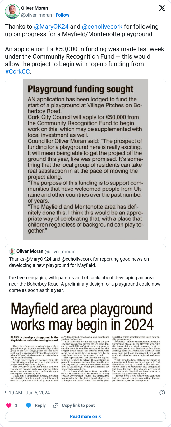 A tweet from Oliver Moran with the text, "Thanks to @MaryOK24 and @echolivecork for following up on progress for a Mayfield/Montenotte playground. An application for €50,000 in funding was made last week under the Community Recognition Fund — this would allow the project to begin with top-up funding from #CorkCC."