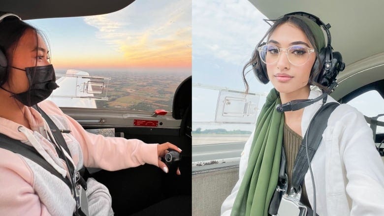 Raven Macalindong, left, and Khansa Ayyaz, right, in the cockpits of aircrafts.