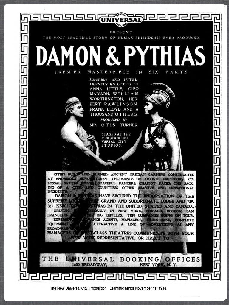 Poster for Damon & Pythias 1914 silent film showing two friends in Greek garb.