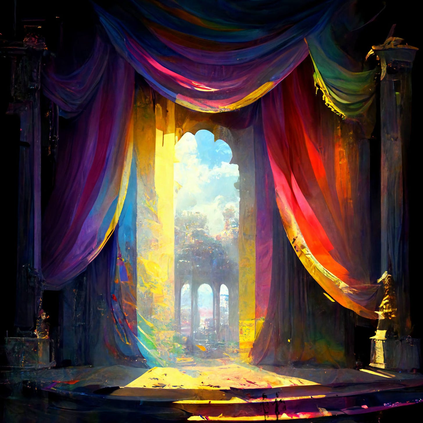 An artistic rendering of a stage with the curtains partially open. The back of the stage opens to the outside, where a coliseum type structure can be seen in the distance.