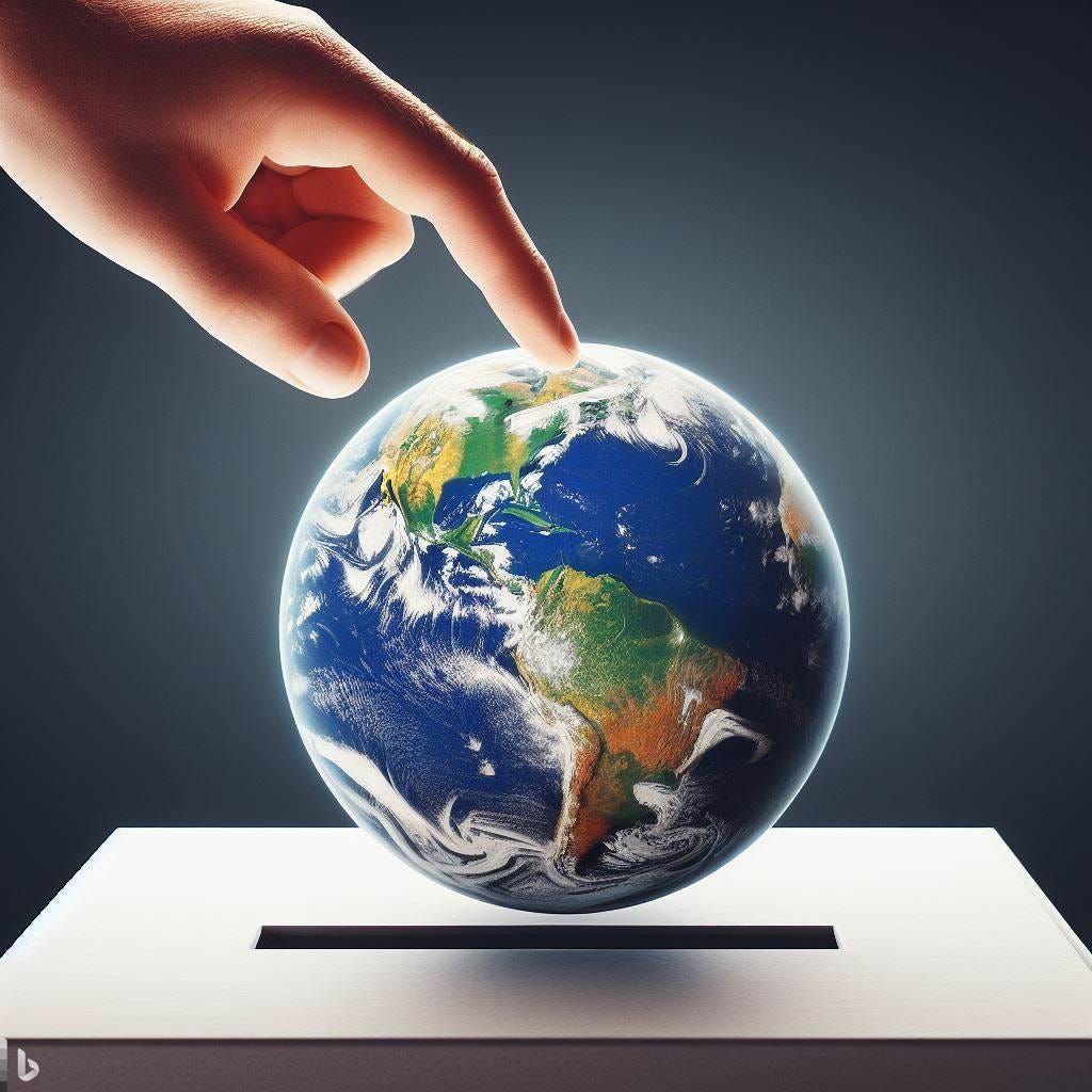 a hand putting a picture of the planet Earth into a ballot box, photorealistic