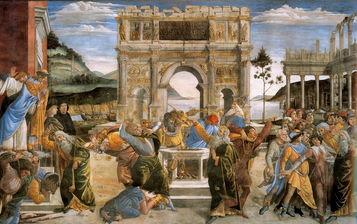 Botticcelli, Sandro - The Punishment of Korah and the Stoning of Moses and Aaron - 1481-82.jpg